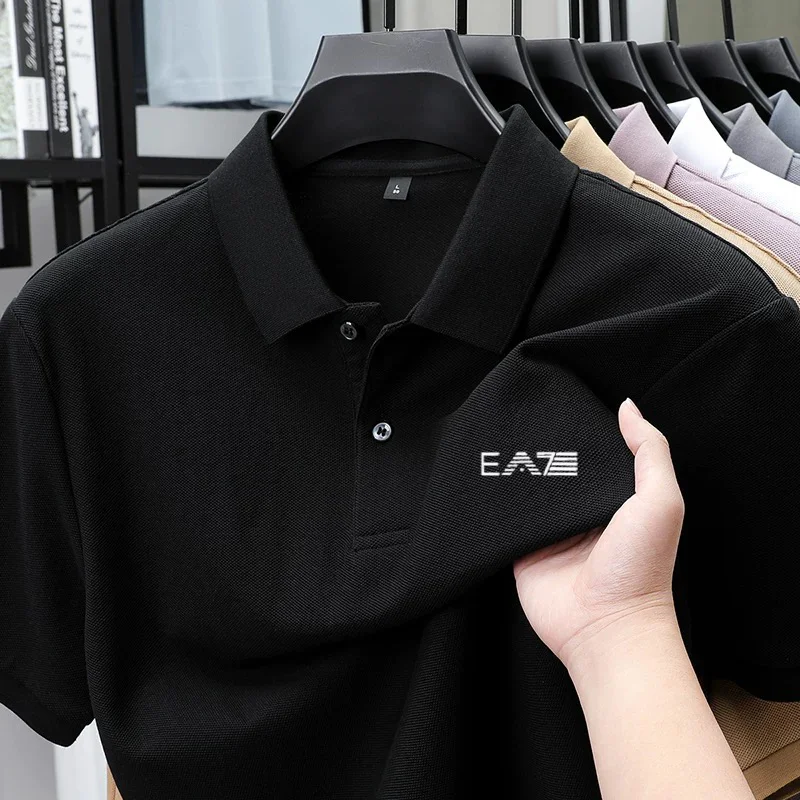 Men's Summer High-End Printed Golf Polo Shirt with Collar, Solid Color, Breathable, Office Casual, High-Quality Men's Clothing