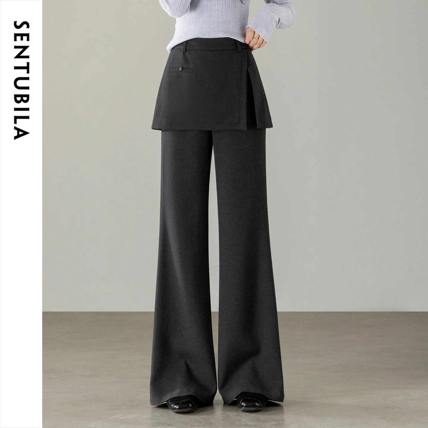 SENTUBILA Women Flared Pants 2026 Autumn Black Detachable Mock Skirt Overlay Layer‑look Slim Fitted Denim Trousers 163KE7302