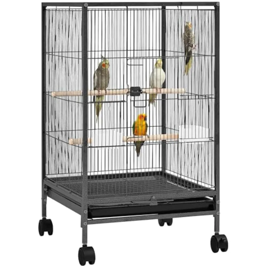 

35 inch Wrought Iron Bird Cage for Small Birds: Play Open Top Rolling Stand Black Finish Rust-Resistant Heavy-Duty Construction