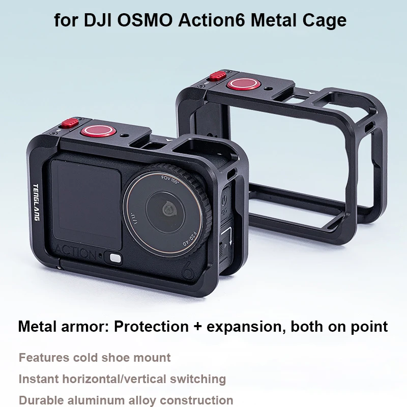 กรงกระต่าย กล่องป้องกันอะลูมิเนียมสำหรับ dji osmo action6, อะแดปเตอร์ขยายโครงโลหะอเนกประสงค์ อุปกรณ์เสริมสำหรับติดตั้งกล้อง