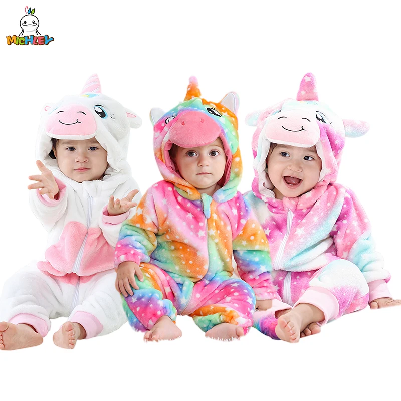 MICHLEY NEW Halloween Rainbow Unicorn Baby Rompers Winter Clothes Cartoon Flannel Costume Soft Bodysuits Overall Bebe For 2-36M