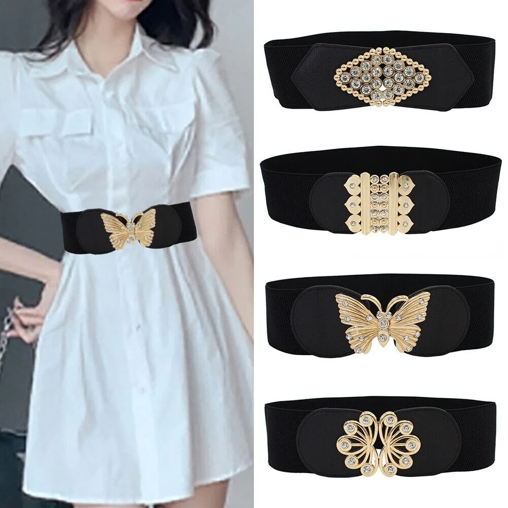 Big Size Waistband Belt Fashion Rhinestone Metal Buckle Elastic Wide Belt Black Stretch Waistband Ladies