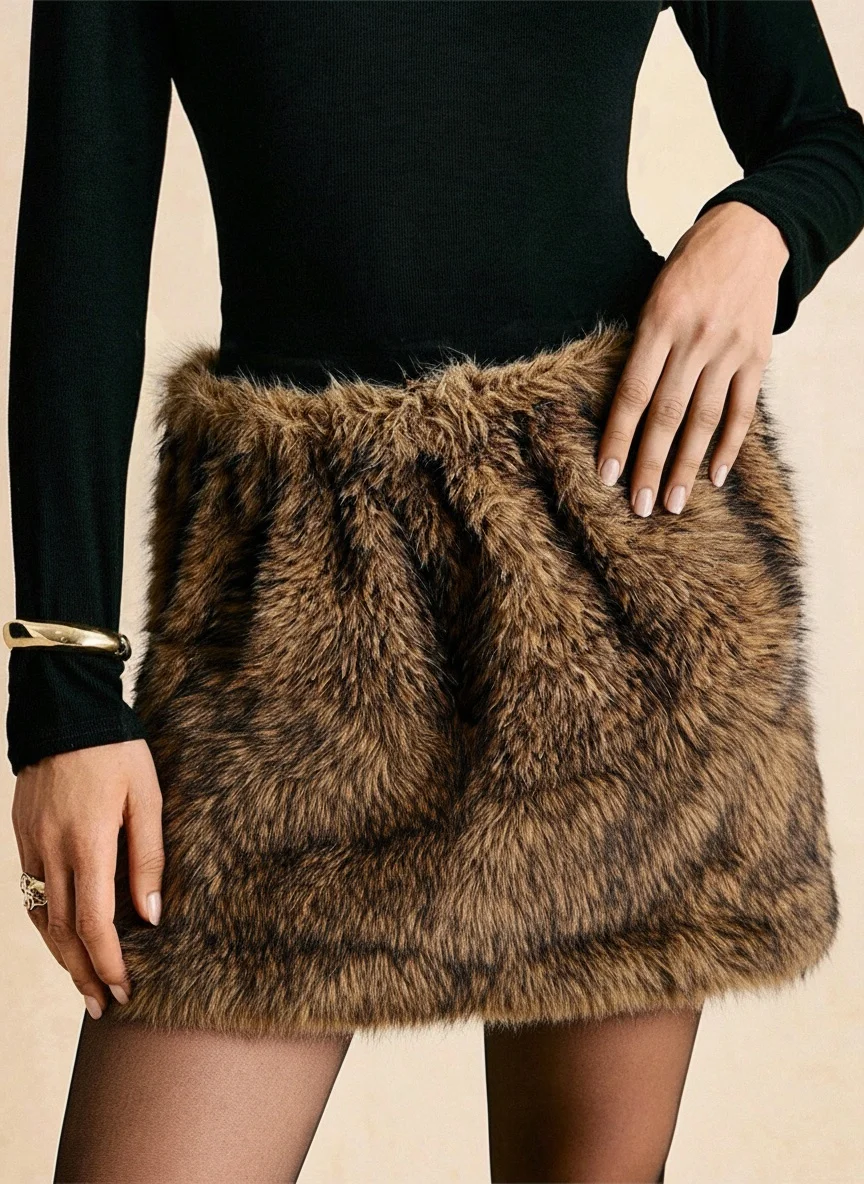 Winter Damen Kunstpelz Minirock mit hoher Taille, elastischem Bund, warm, flauschig, Plüsch, Party, Clubwear, Streetwear, kurzer Rock – Detail 3
