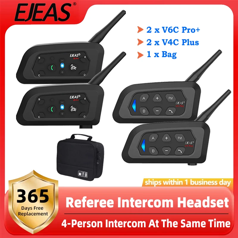 

EJEAS 2Pcs V6C Pro+2Pcs V4C Plus 4 User Bluetooth Intercom Headset Football Referee Interphone Waterproof Wireless 5.1+Handbag