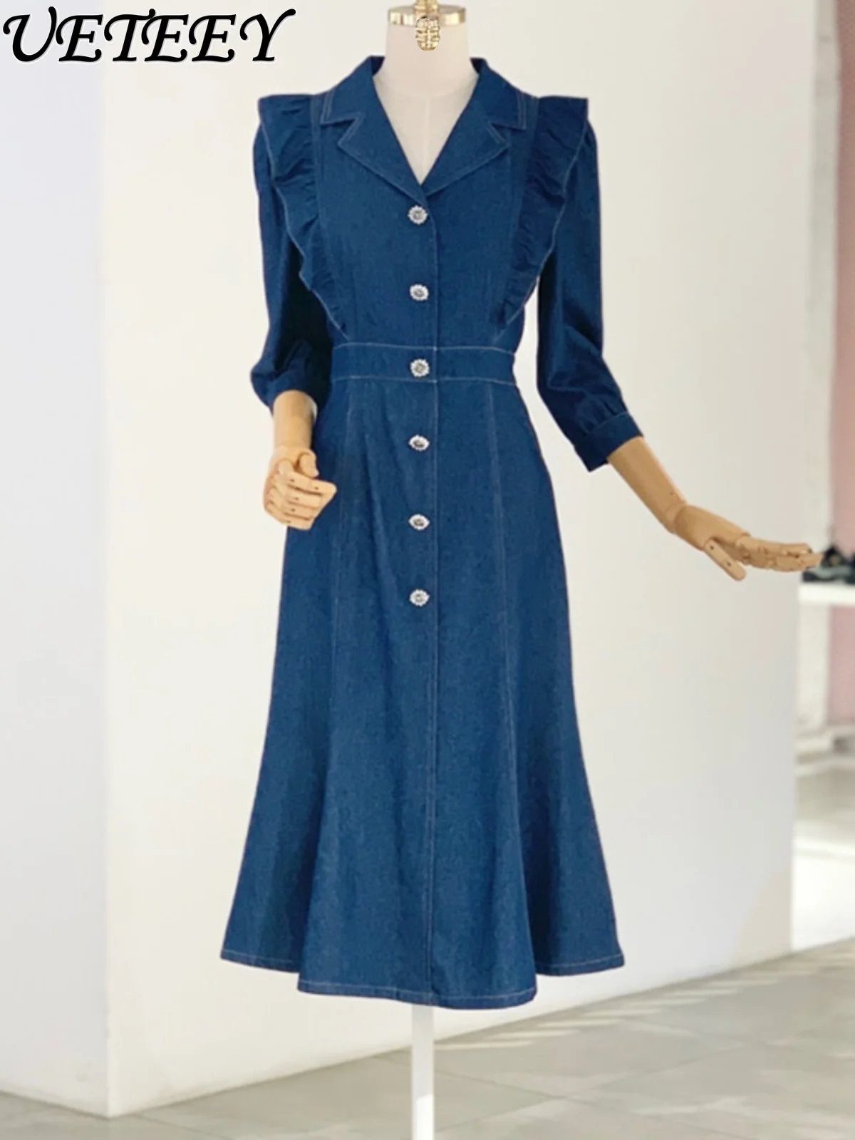 Spring and Autumn New Fashion Ruffles Slimming Waist Denim Dress Elegant Single-Breasted 3/4 Sleeves Casual Dresses for Women