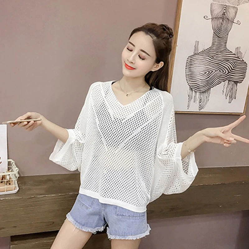 Summer Korean Solid Color V-neck Bat Sleeves Loose Casual Hollow Knitted Blouse For Women