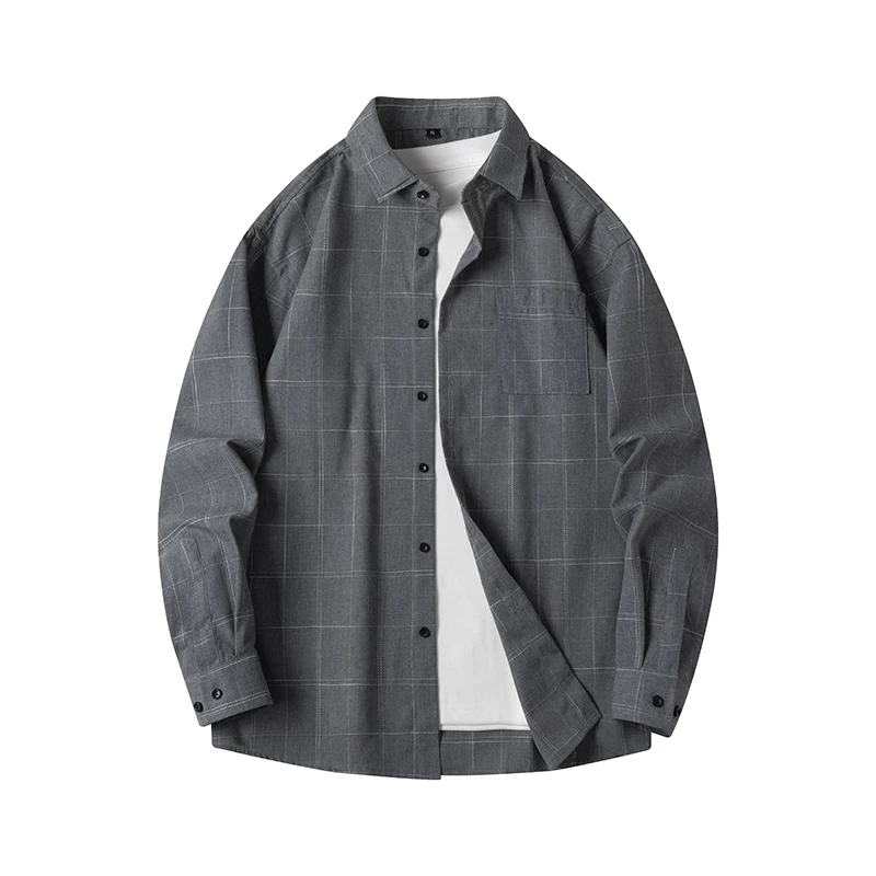 Spring Autumn Turn-down Collar Men's Long Sleeve Pockets Striped Plaid Button Up Shirt Cardigan Coats Casual Office Lady Tops