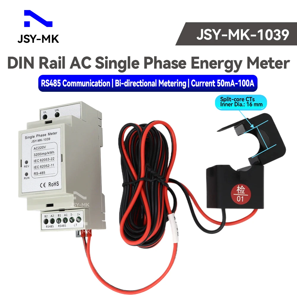 JSY-MK-1039 100A 220V RS485 Modbus-RTU Communication mesure bidirectionnelle AC monophasé compteur d'énergie Rail Din