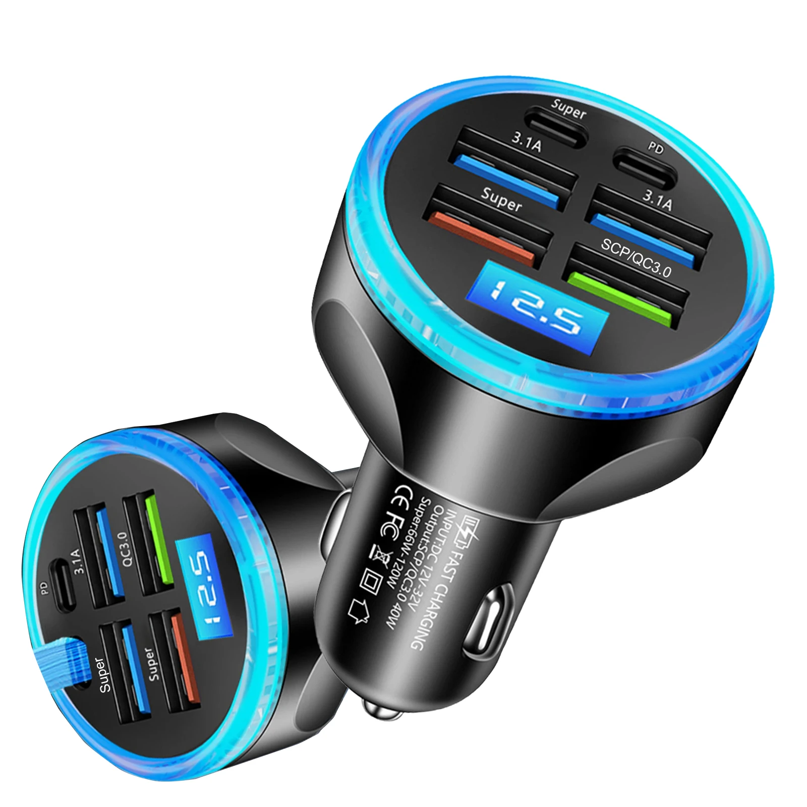 

UYUXIO PD 30 Вт Супер быстрая зарядка USB C Автомобильное зарядное устройство Адаптер 6 в 1 Многопортовый с дисплеем напряжения для iPhone Samsung MacBook