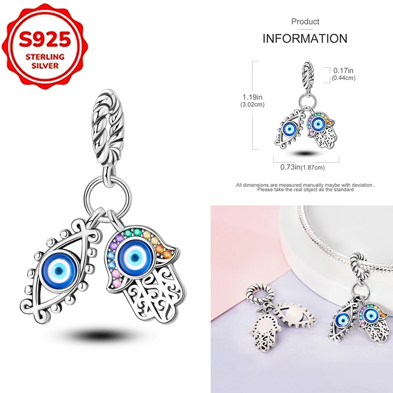 

HOT Charms 925 Sterling Silver Colorful Hand Guardian Eye of The Palm Pendant Beads Womens Original 925 Bracelets DIY Jewelry