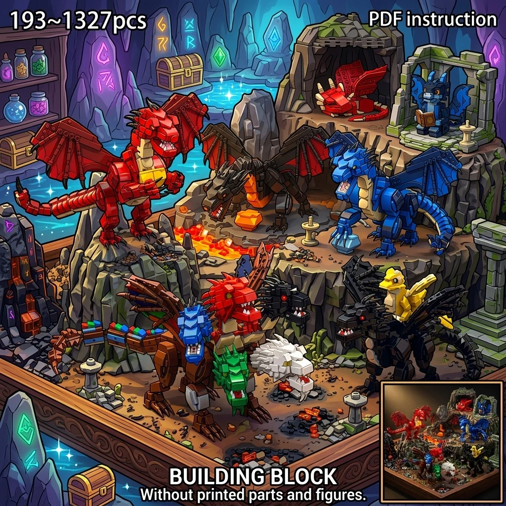 

MOC Epic Fantasy Dragon Lair Diorama Building Blocks Mythical Multi-Headed Beast Volcanic Cave Desk Decor Adult Brick Set
