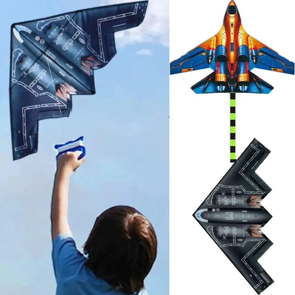 Cometas de avión fáciles de volar, cometa de avión de caza negra de 1,4/1,6 m con línea de cometa de 100 metros, buen vuelo, juguete volador al aire libre, deportes divertidos