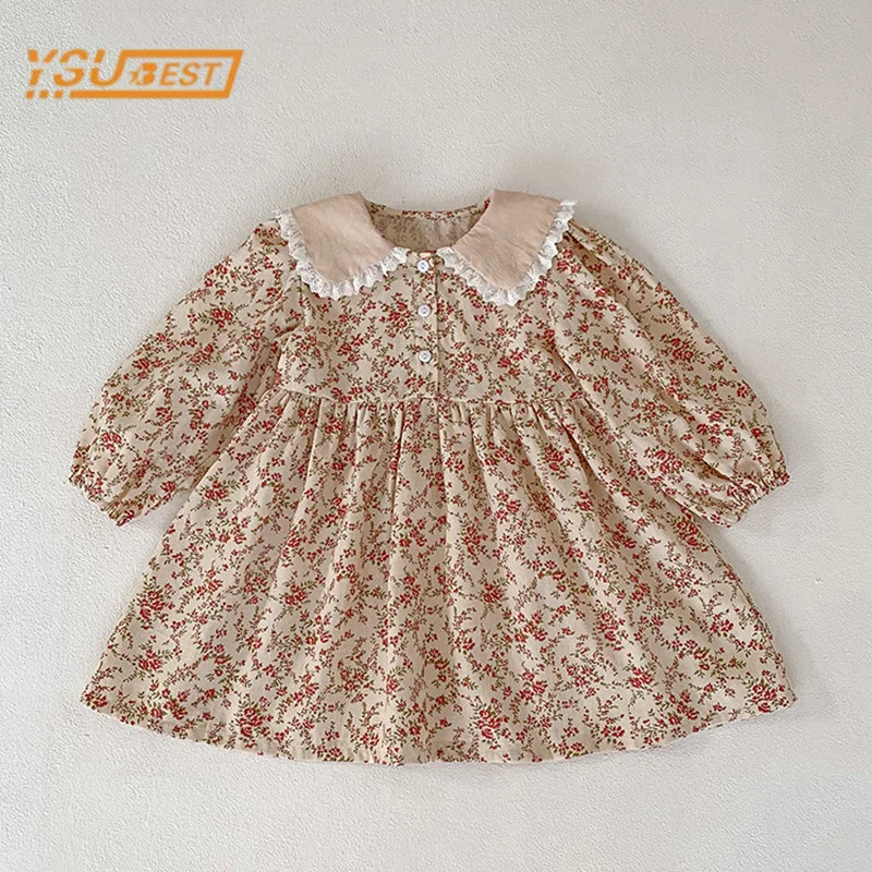 Autumn Kids Baby Girls Long Sleeve Flower Printing Princess Dress Sweet Baby Girls Doll Collar Dress Children Clothes Dress