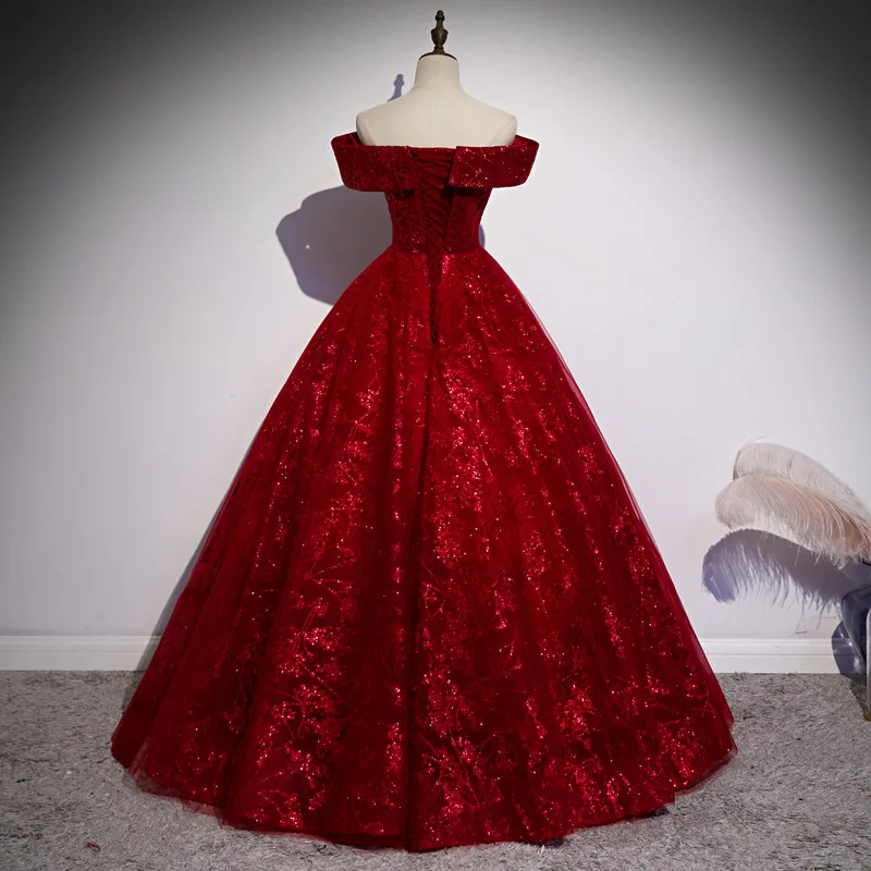 Red Evening Dress 2024 New Off The Shoulder Classic Elegant Ball Gown Sleeveless Sequined Tulle Banquet Shinning Host Customized