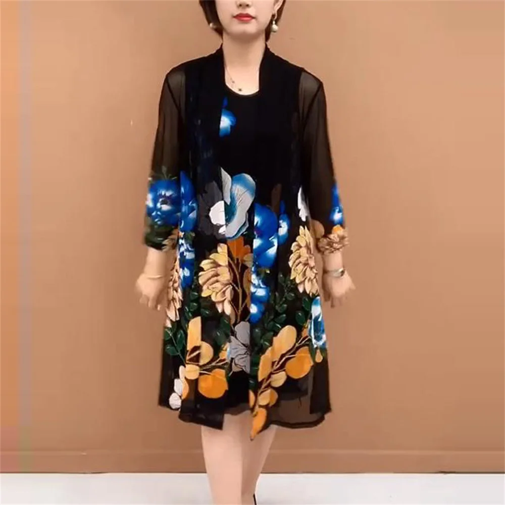 Mother's dress two-piece Sets Middle-Aged And Elderly Women's Summer Cardigan Temperament Windbreaker  Sleeveless Dress Suits