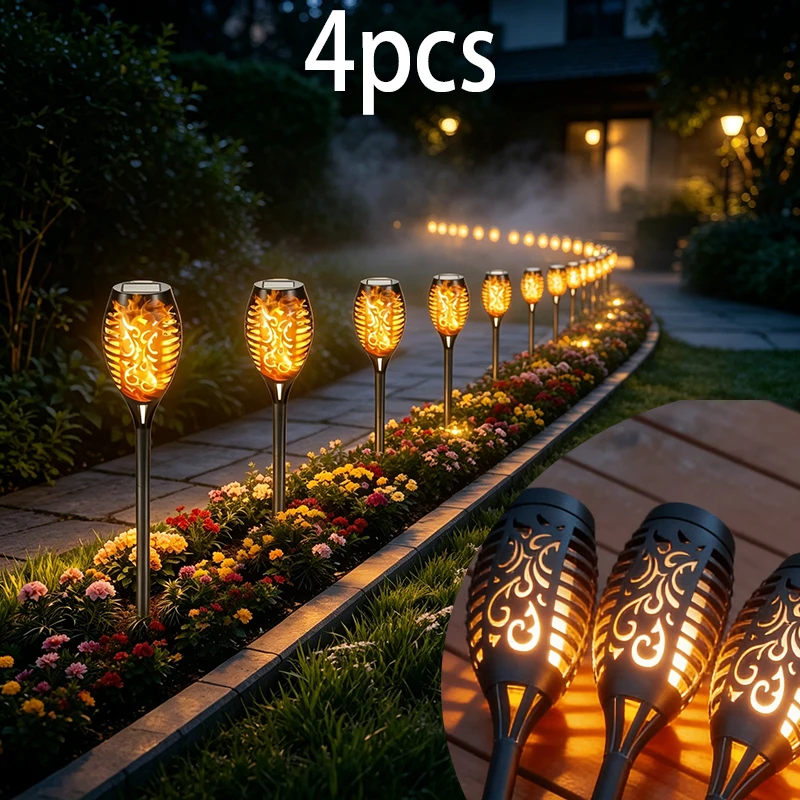 4pcs Outdoor Solar Torch Light with Flickering Dancing Flame Waterproof Stake Lamp Dawn Landscape for Walkway Backyard Garden