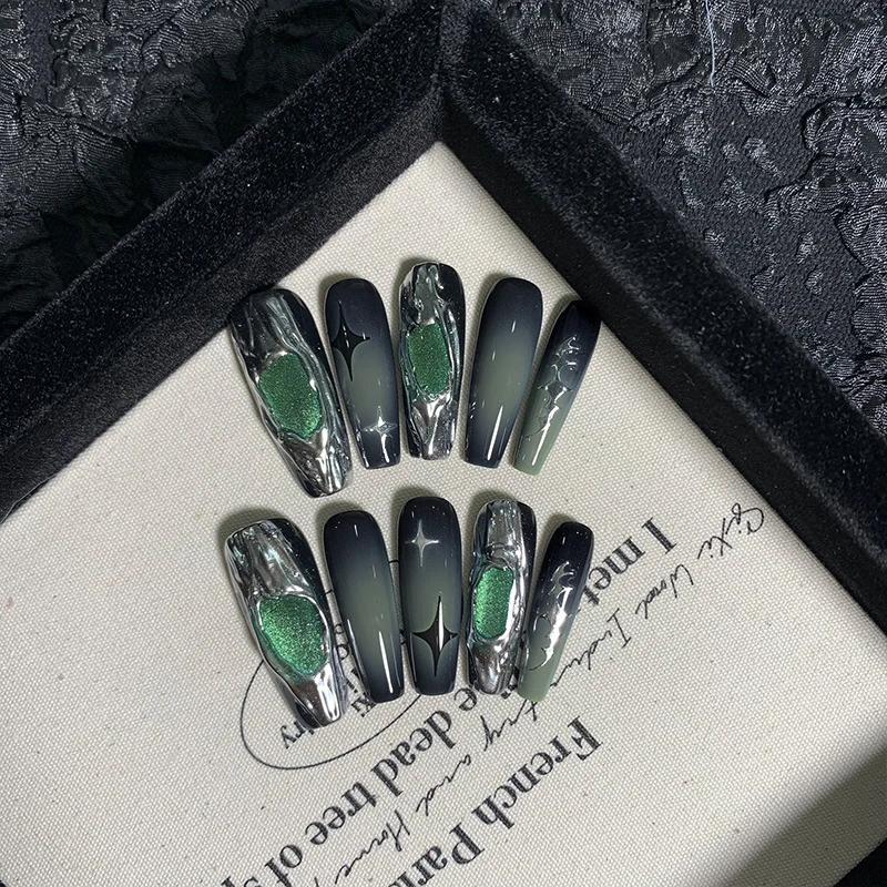 

10pcs/bag Y2K Metal Style Gradient Blue Medium Coffin Handmade Press On Nails Black Gothic Detachable False Nails