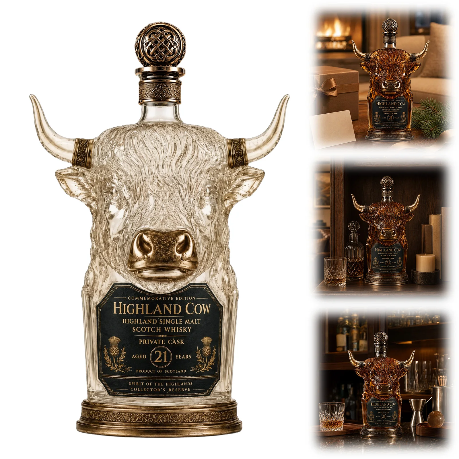 Novelty Highland Cow Glass Whiskey Bottle Borosilicate Decanter Unique Bar Decor Gift for Whiskey Lovers