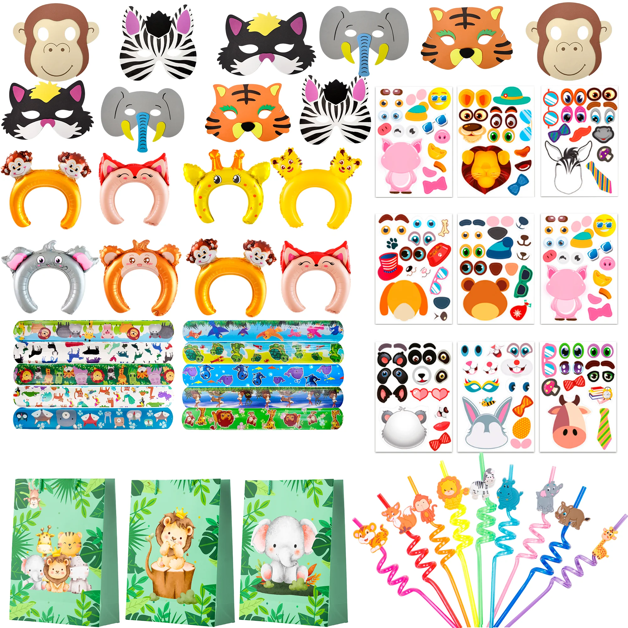 Party Favors, 60pcs Jungle Safari Birthday Party Favors Set Includes Safari Party Slap Bracelets Stickers Straws Balloon Mask