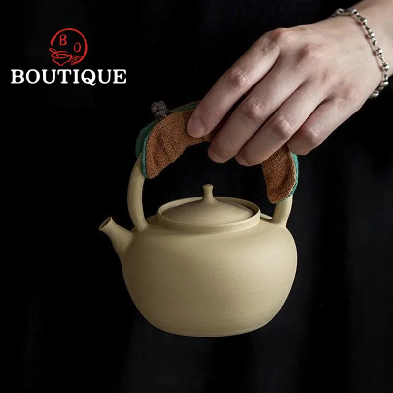 280ml Pure Handmade Quarterly Kiln Teapot Retro White Mud Sand High-handled Pot Fire Boil Water Pottery Kettle Kung Fu Teaware