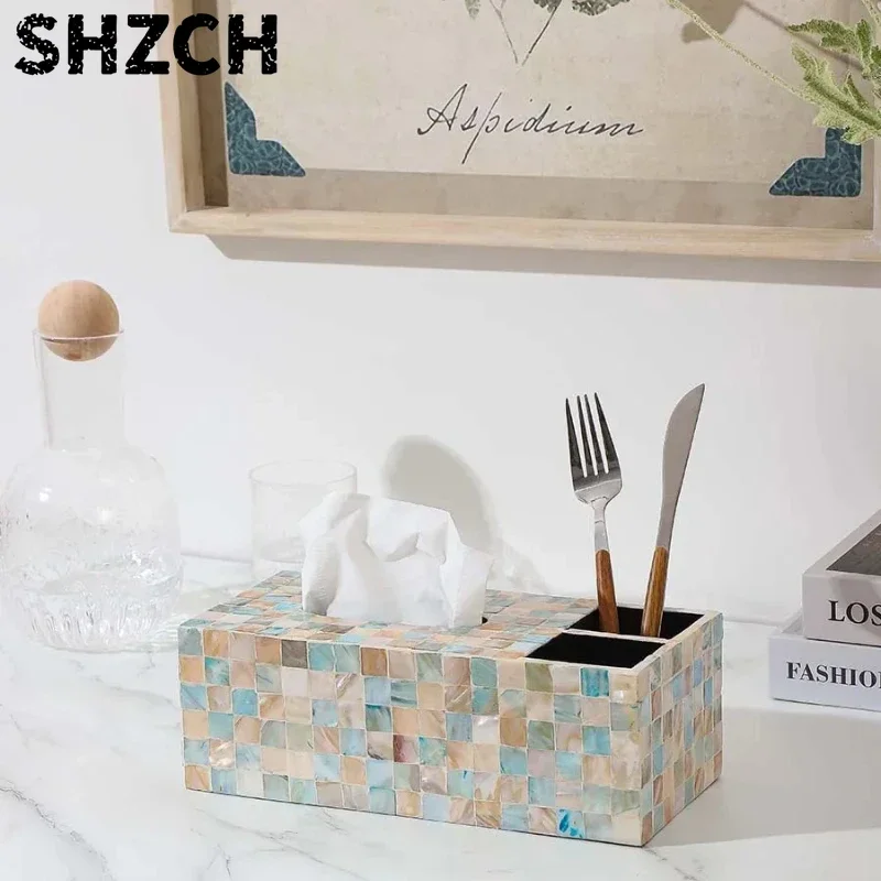 Colorful Shell Tissue Box Multifunctional Desktop Organizer for Living Room Tea Table Remote Control Holder Household Tableware