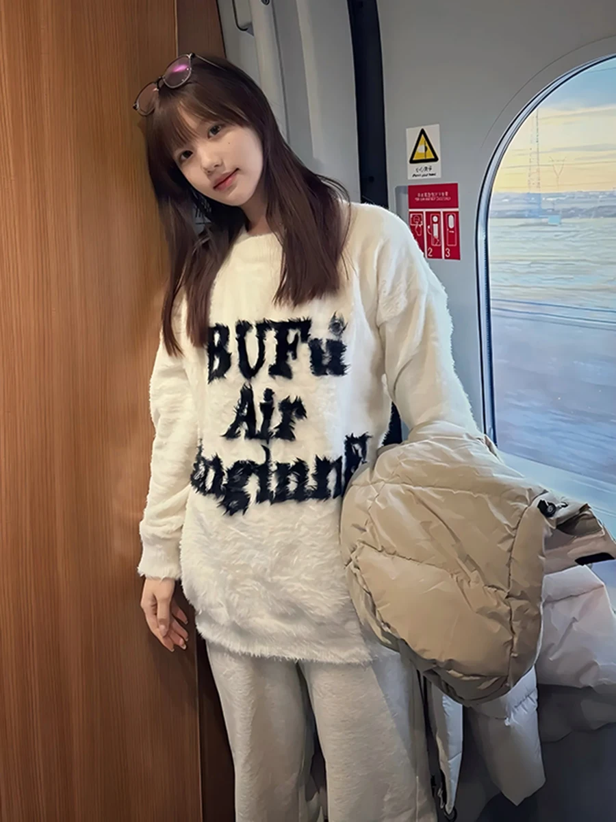 

Мягкий свитер с вышивкой букв, мужской зимний, высококачественный, в американском ретро-стиле, для пар, вязаный, цвет абрикосовый