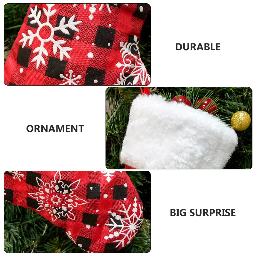 4 Pcs Christmas Red Grid Snowflake Socks Stockings Tree Ornament Plaid Cloth Chritmas Candy Storage