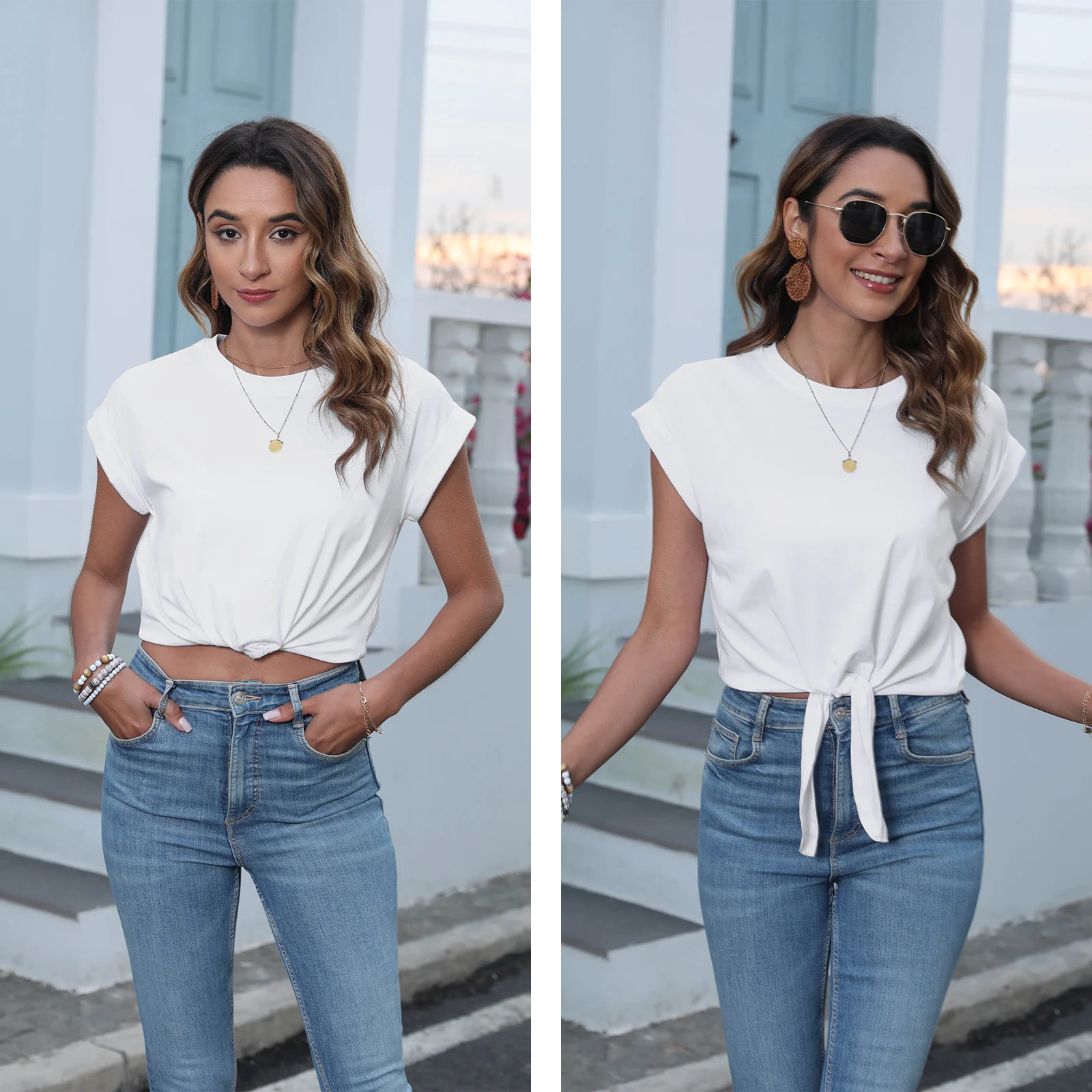 Casual Tie Knot Front Cropped T Shirts for Women Summer Going Out Twist Round Neck Short Sleeve Loose Crop Tee Top Y2K Clothes