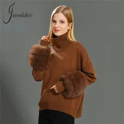 Jxwatcher Women's Sweater with Real Fur Cuffs Ladies Fashion Knitted Wool Tops Autumn Winter Warm Pullover with Natural Fox Fur