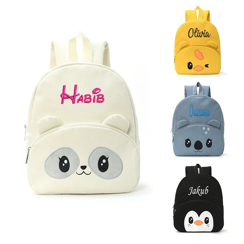 PersonalizedEmbroidered Corduroy Backpack, Student Cartoon Backpack, Large Capacity Cute Teddy bear Backpack