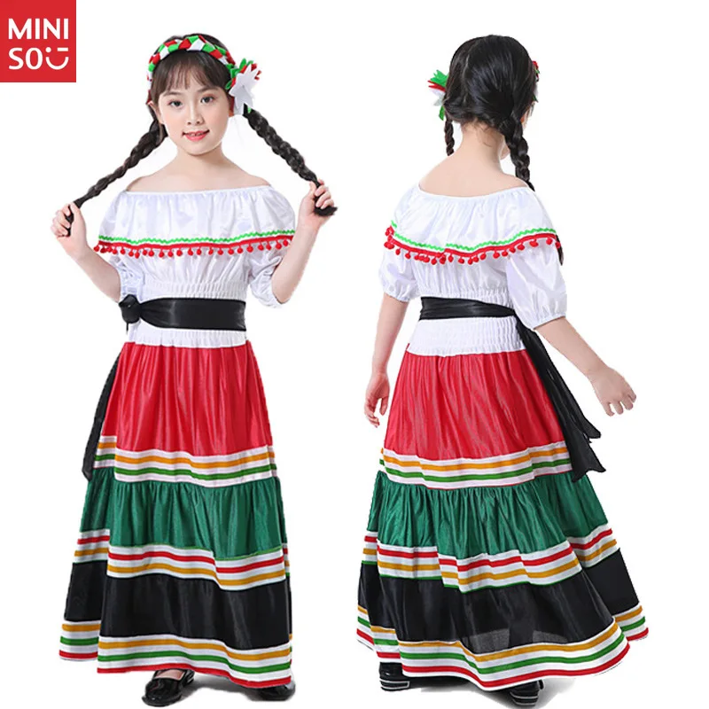 

Miniso Mexican Style Dress for Girls, Traditional Folk Costume Long Fiesta Party Gown