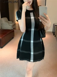 Nomikuma Black Plaid Knitted Short Sleeved Dress Women's Summer Elegant Slim Fit Round Neck A-line Sweater Vestidos De Mujer