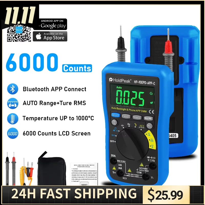

HoldPeak Bluetooth APP True RMS 6000 Count Auto-Range Multimeter, Color LCD AC/DC V/A Ohm Cap Temp Freq, CAT III 1000V Safety
