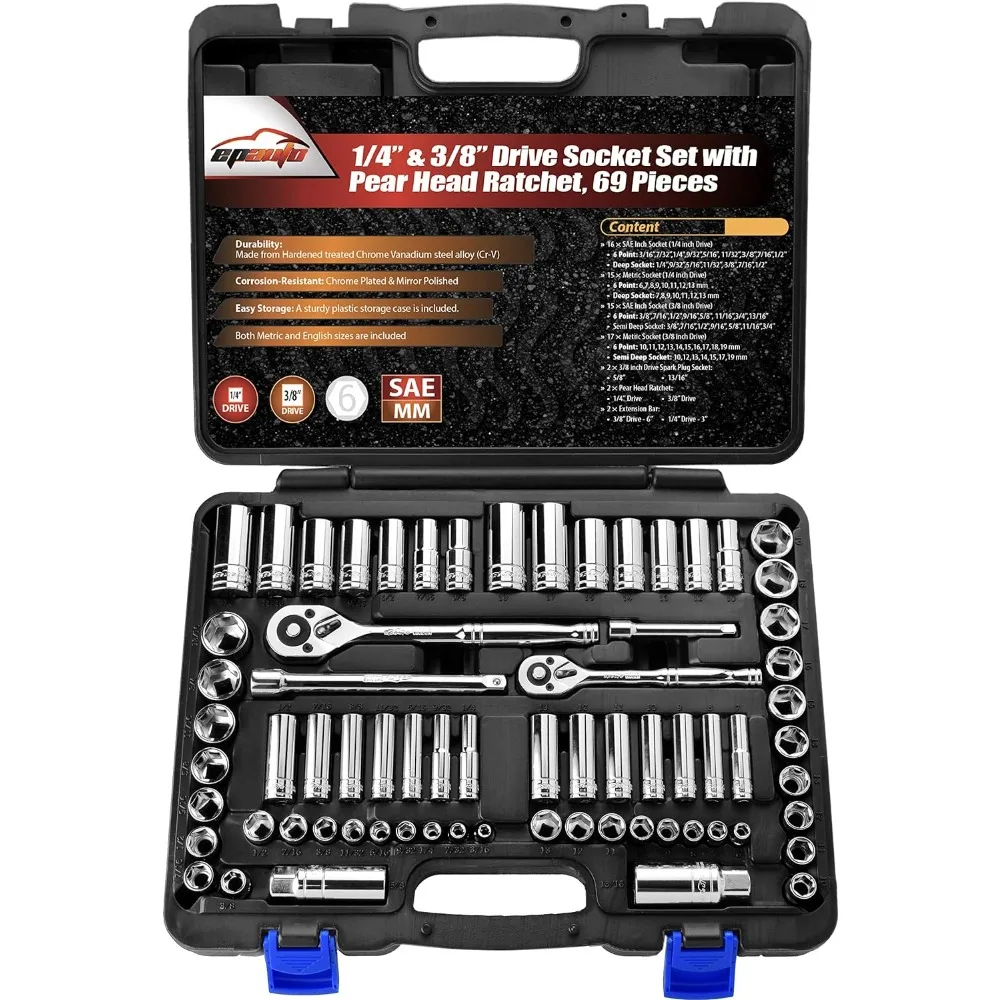 

EPAuto 69 Pieces - 1/4" & 3/8" Drive Socket Set with Pear Head Ratchet, Chrome (92-824)