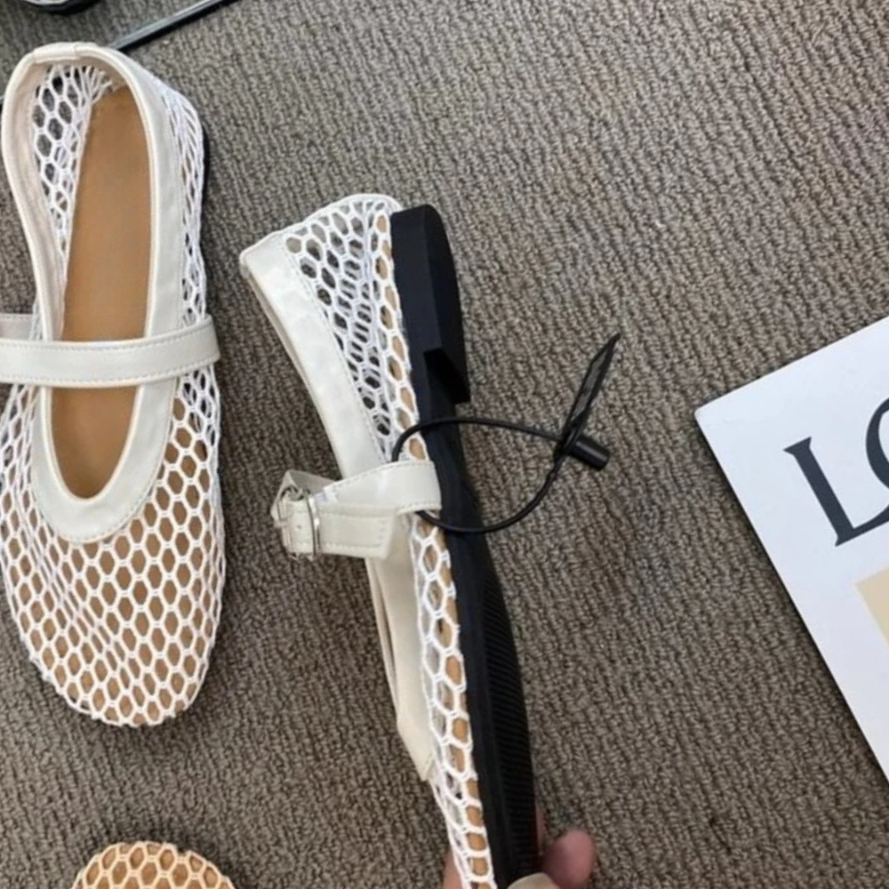 Cream White Mesh French Mary Janes Square Buckle Slip On Wedding Party Date Vacation Daily Wear Comfortable Dress Shoes view 3