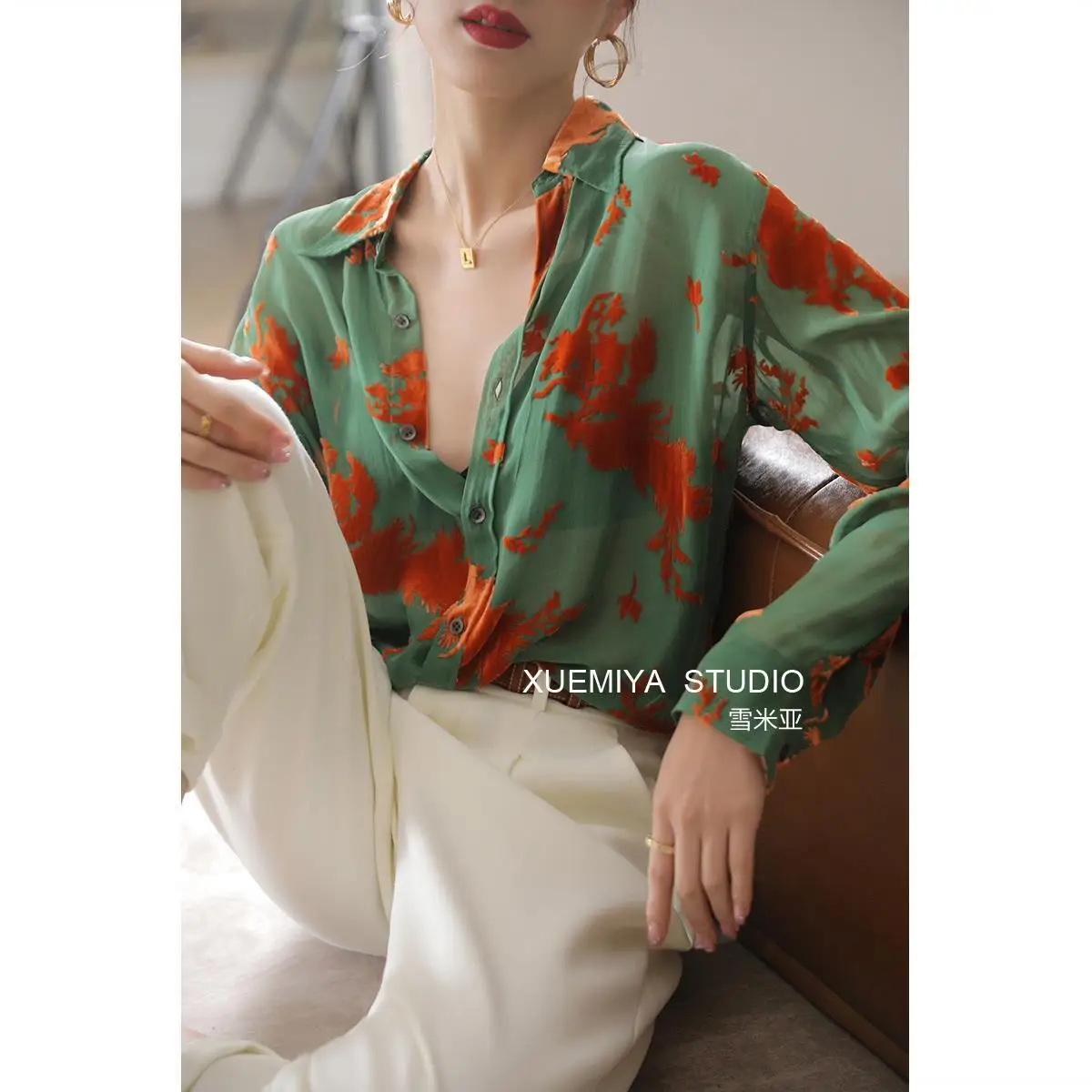 Summer Woman Clothes Thin Green Perspective Shirt Chiffon Tops Floral Sunscreen Chic Ins Elegant Youth Long Sleeve Polo-neck