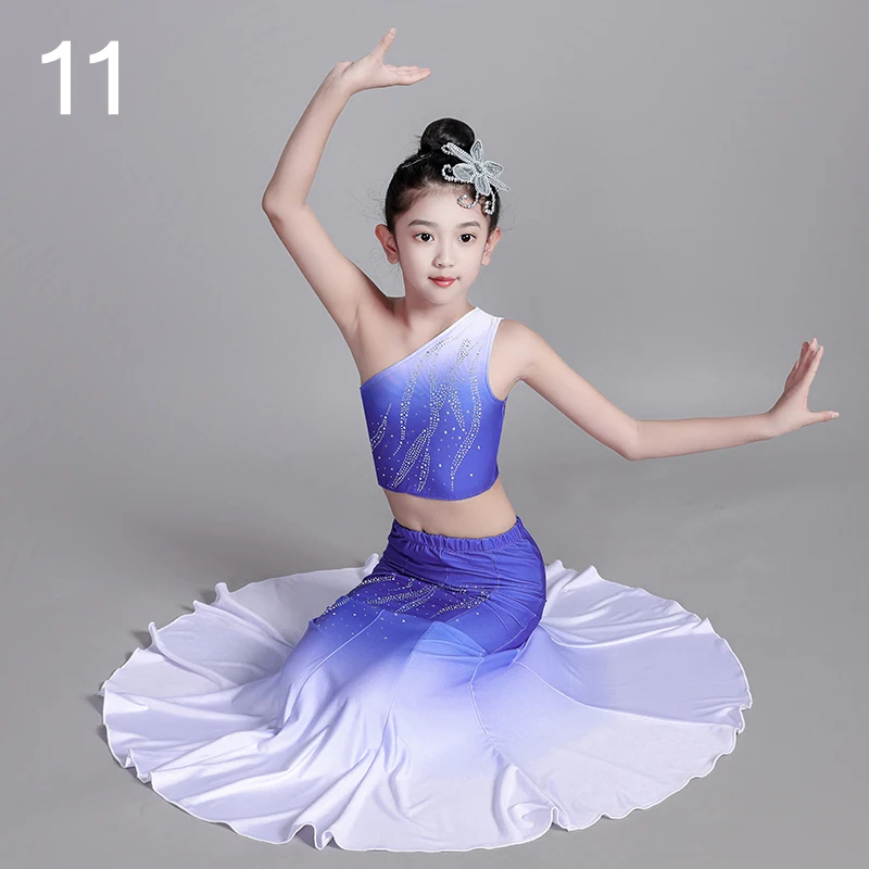 Vestido de baile folclórico para niña, traje superior de falda de cola de pez, traje de baile nacional de pavo real, traje de actuación para escenario, Ropa de baile para niños, 120-160Girl