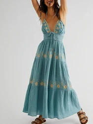Gypsylady Boho Floral Embroidery Spaghetti Maxi Dress V-neck Lace Up Sleeveless Summer Beach Backless Sexy Chic Dresses Vestidos
