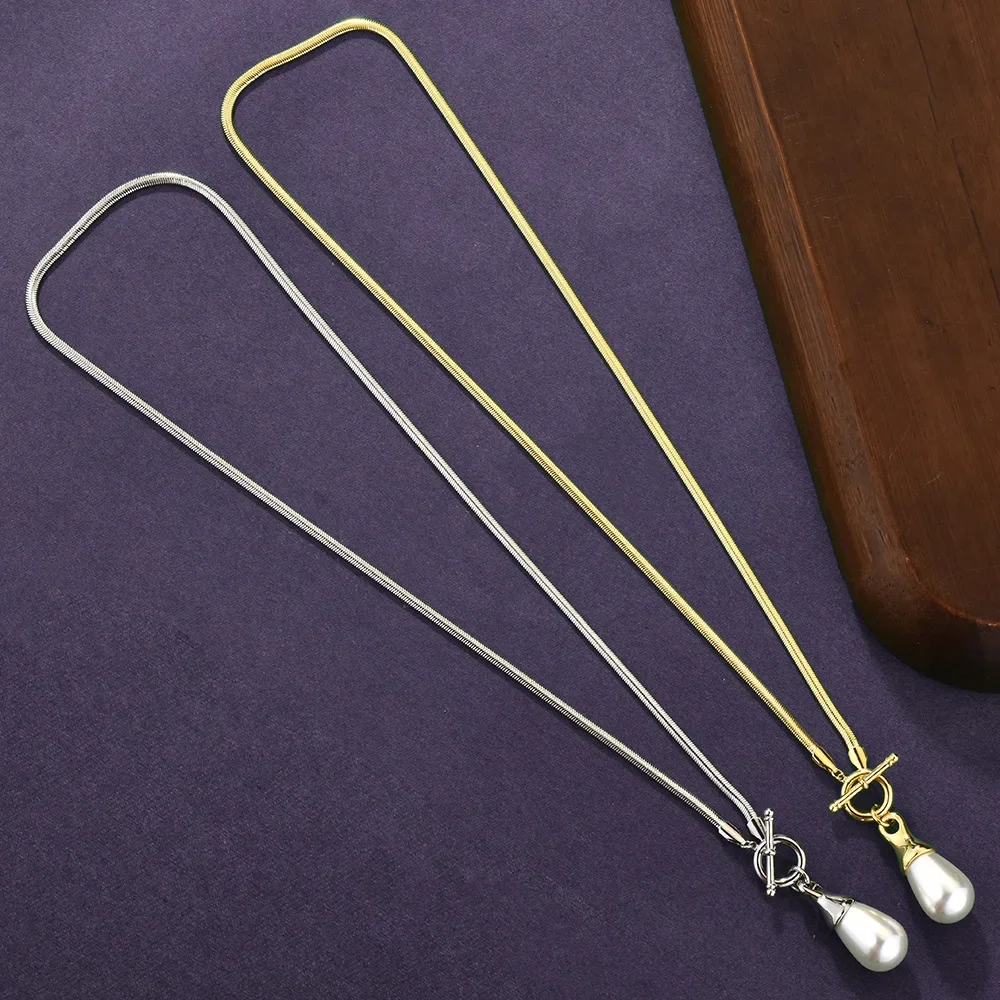 2025 Water drop pearl long necklace for women, light luxury, stackable, universal buckle, snake bone chain, collarbone chain