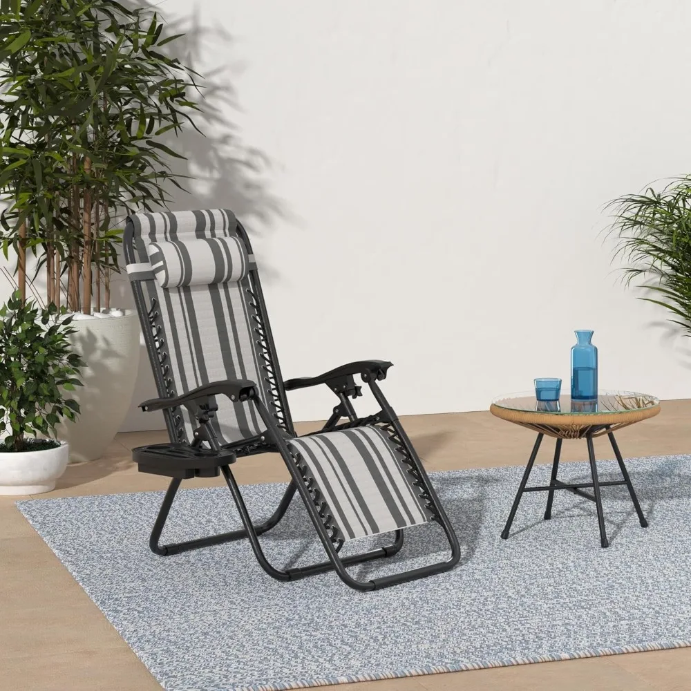 

pair of adjustable steel mesh zero gravity lounge chairs with pillows and cup holder trays in gray stripes