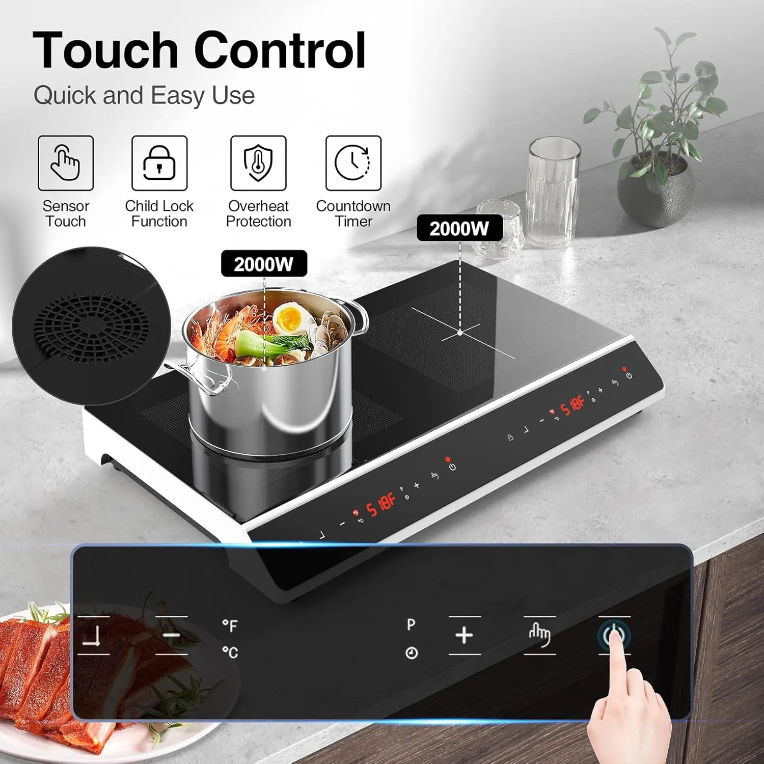 Induction Cooktop, 24 inch 4000W Induction cooktop 2 burner,Electric cooktop with LED Touch Screen 10 Levels Settings with Child