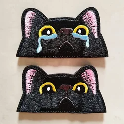 Cute Lovely Black Cat Patch – Peeping & Crying Cat Embroidered Patch Kitten, Velcros Iron-on Sew for Clothing, Bags, Accessories