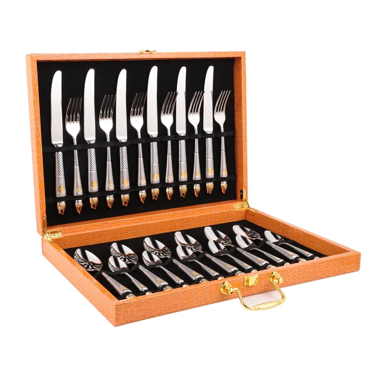 Stainless Steel Luxury 24pcs Cutlery Set With PU Leather Giftbox, Knife Spoon Fork Tableware 24k Gold Plated Hotel Flatware