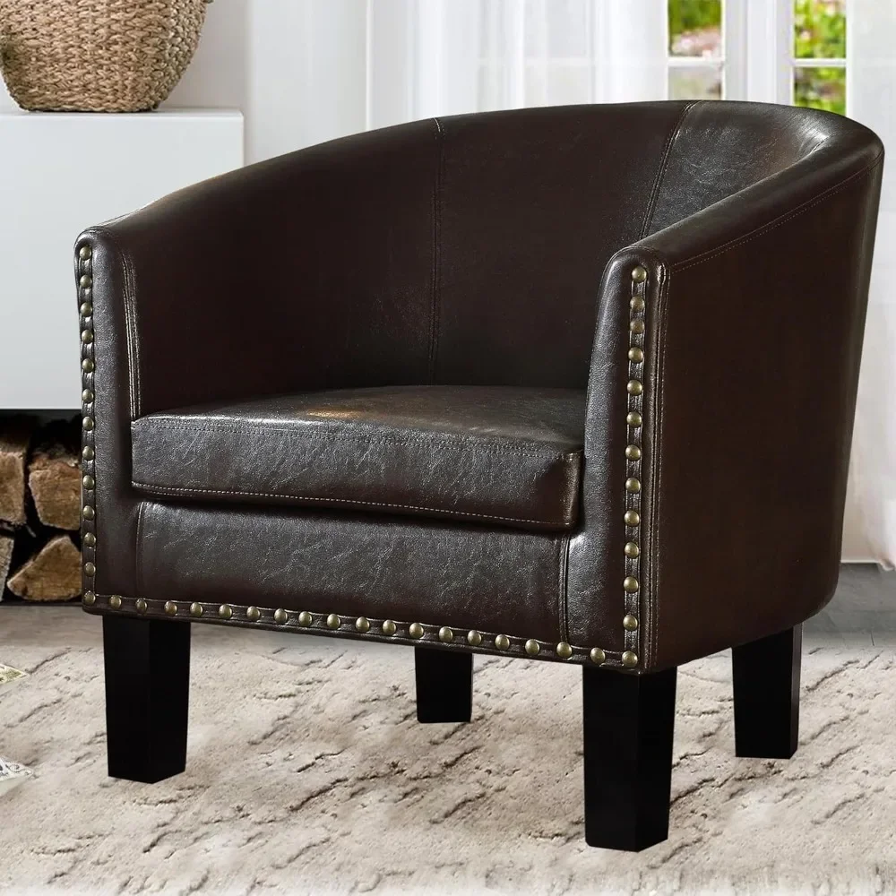 Rosevera Duilio Club Style Barrel Armchair For Living Room Faux Leather Accent Chair, Dark Brown, Chairs Living Room