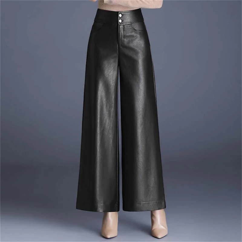 2025 New High Waist Women PU Leather Pants Spring Autumn Fashion Wide Leg Pants Casual Faux Soft Leather Trousers Black Brown