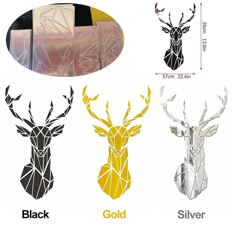 2set 3D Deer Head Stickers Mirror Multiple Sizes Surface Decals DIY Self-adhesive Wall Art Mirror Stickers Home Decoration Mural