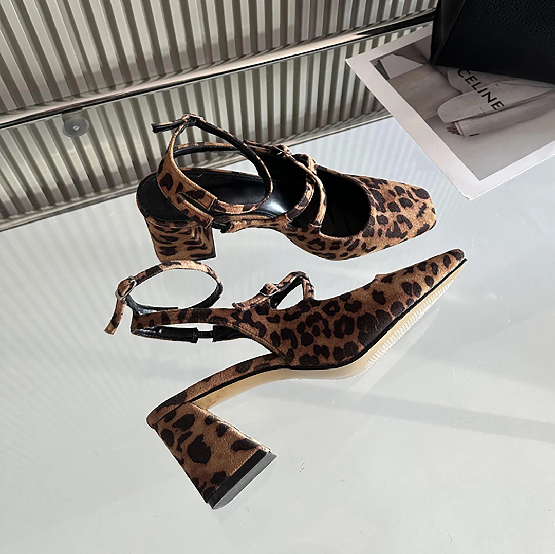 TRAF Fashion Leopard Pump Sandals For Woman Wine Red Round Head Square Heel Slingbacks Metal Buckle Thin Ankle Strap Women Shoes