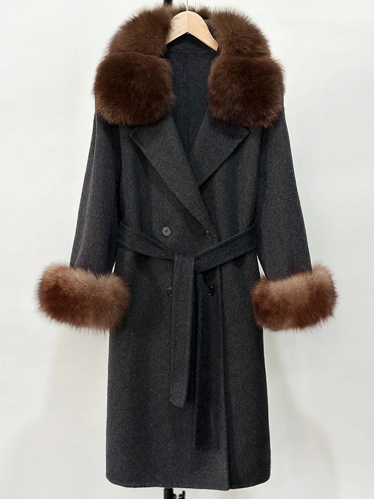 جديد الخريف الشتاء سيدة الموضة الدافئة الصلبة طويلة الصوف الحقيقي الفراء سترة الإناث الطبيعية الثعلب الفراء الكفة معطف الصوف الملابس السوداء