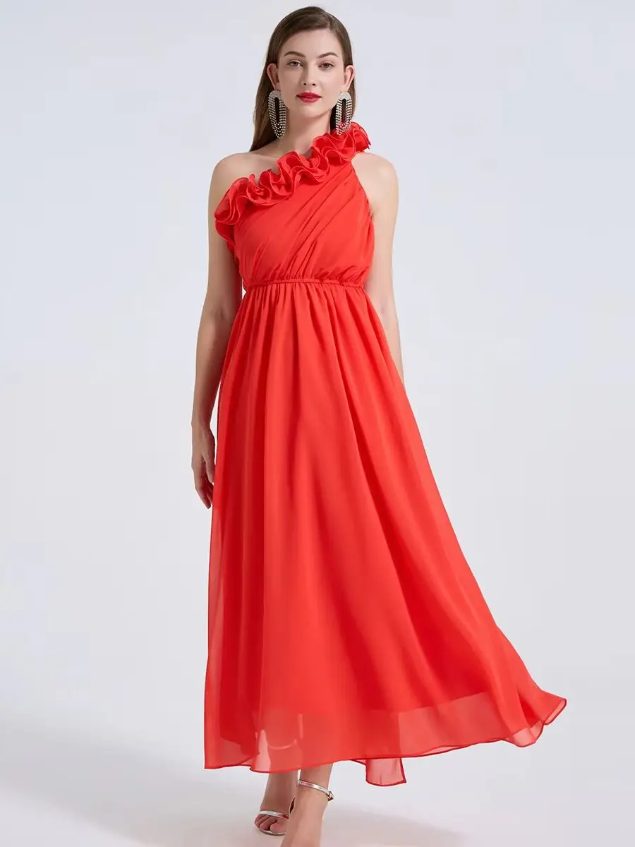 Elegantes Einfarbiges Abendkleid für Damen Neckholder Schulterfreies Rückenfreies Hochgeschnittenes 3D-Rüschen Langes Maxikleid