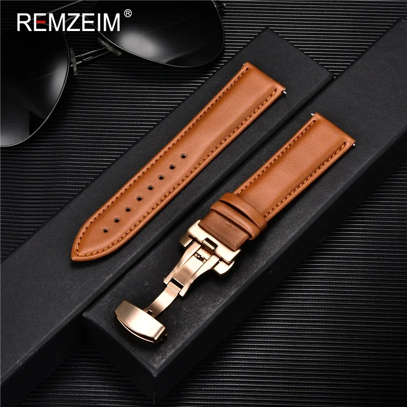 REMIM-Bracelet de montre en cuir véritable, 18, 20, 22, 24mm, avec fermoir papillon, pour hommes et femmes